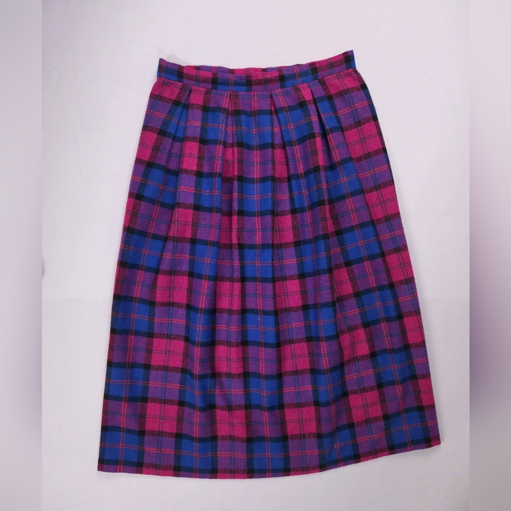 JC Penney Vintage Magenta Pink And Blue Plaid Tweed Midi Skirt Small